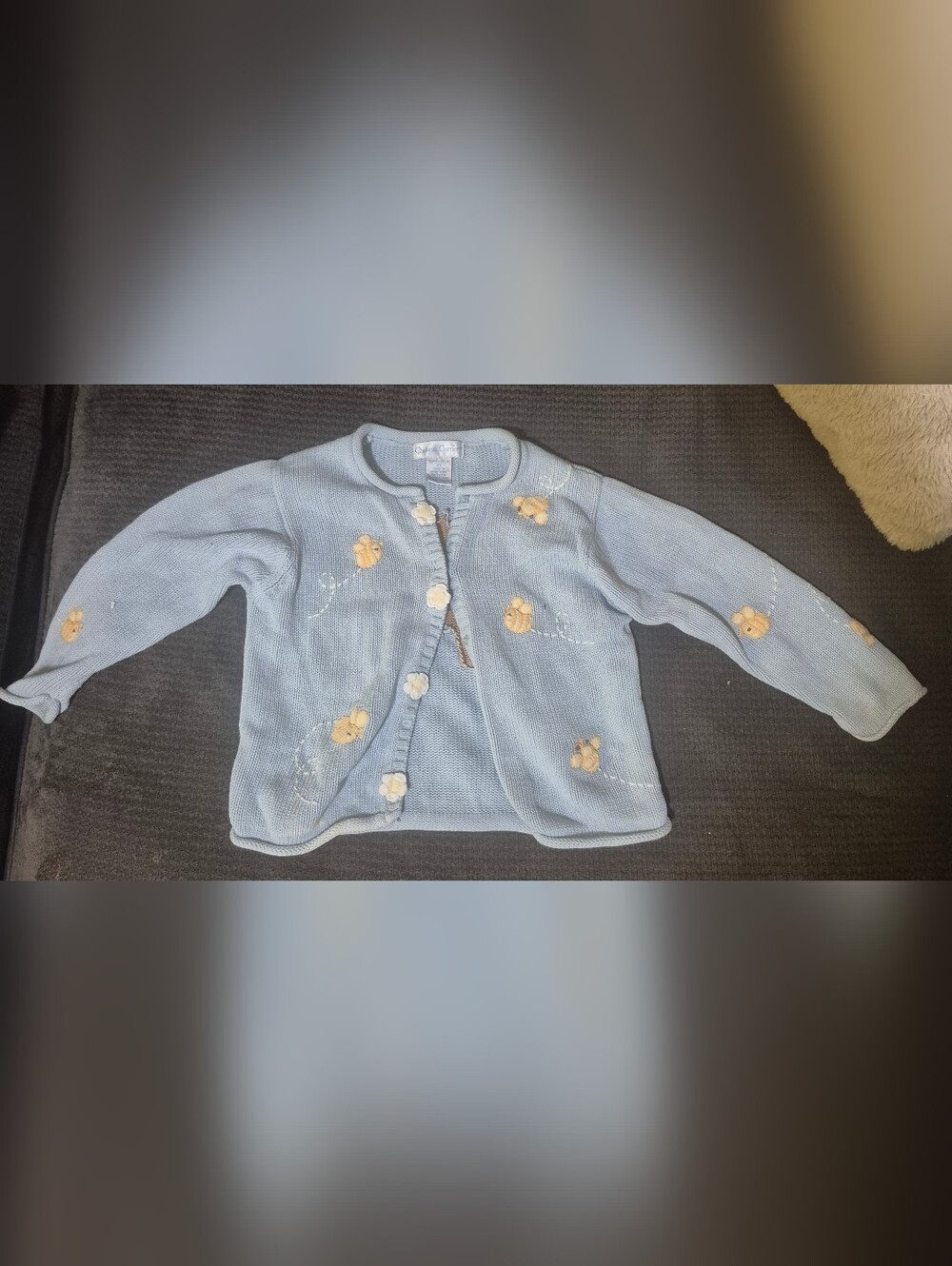 Vintage Light Blue Toddler Cardigan with Yellow Flower Embroidery